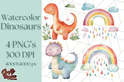 Watercolor Dinosaur and Rainbow PNG Clipart, Baby Nursery Product Image 1