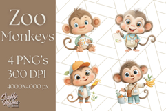 Zoo Monkeys Clipart, Cute Cartoon Jungle Monkeys PNG Product Image 1