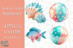 Coral and Aqua Summer Clipart PNG Pastel Tropical Icons Product Image 1