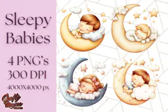 Sleeping Baby on Moon PNG, Cute Night Sky Baby Clipart Png Product Image 1