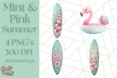 Pink and Mint Summer Clipart PNG Beach Icons, Summer Fun Png Product Image 1