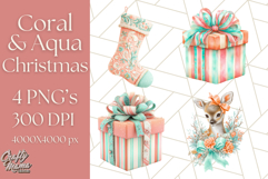 Coral and Aqua Christmas Clipart PNG, Pastel Holiday Art Product Image 1