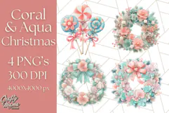 Coral and Aqua Christmas Clipart PNG, Pastel Holiday Art Product Image 1