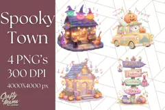 Pastel Halloween Town PNG Clipart, Spooky Shops & Homes Png Product Image 1