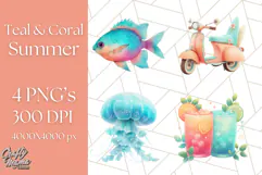Coral and Aqua Summer Clipart PNG Pastel Tropical Icons Product Image 1