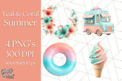 Coral and Aqua Summer Clipart PNG Pastel Tropical Icons Product Image 1