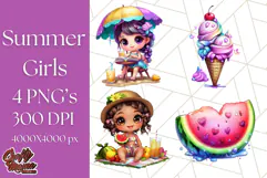 Chibi Summer Girls Clipart PNG, Bright Kawaii Summer Art Product Image 1