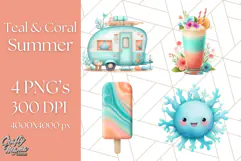 Coral and Aqua Summer Clipart PNG Pastel Tropical Icons Product Image 1