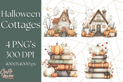 Watercolor Halloween Cottage Clipart, Ghosts &amp; Pumpkins Png Product Image 1