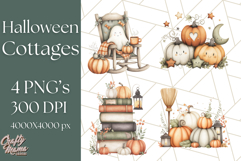 Watercolor Halloween Cottage Clipart, Ghosts &amp; Pumpkins Png Product Image 1