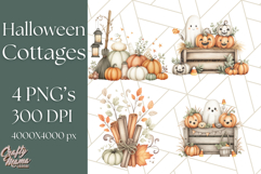 Watercolor Halloween Cottage Clipart, Ghosts &amp; Pumpkins Png Product Image 1