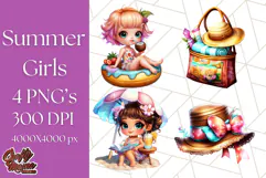 Chibi Summer Girls Clipart PNG, Bright Kawaii Summer Art Product Image 1