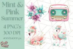 Pink and Mint Summer Clipart PNG Beach Icons, Summer Fun Png Product Image 1