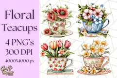 Vintage Floral Teacup Clipart PNG, Blooming Teacups Clip Art Product Image 1