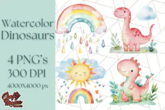 Watercolor Dinosaur and Rainbow PNG Clipart, Baby Nursery Product Image 1