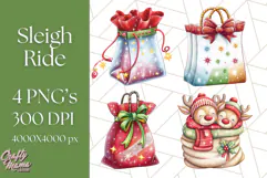 Santa Sleigh Ride Clipart PNG, Flying Reindeer Christmas Art Product Image 1