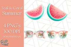 Coral and Aqua Summer Clipart PNG Pastel Tropical Icons Product Image 1