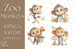 Zoo Monkeys Clipart, Cute Cartoon Jungle Monkeys PNG Product Image 1