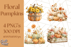 Pumpkin Clipart with Fall Flowers PNG Autumn Illustration Product Image 1