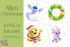 Alien Christmas Clipart, Cute Outer Space Holiday PNG Product Image 1