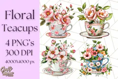 Vintage Floral Teacup Clipart PNG, Blooming Teacups Clip Art Product Image 1
