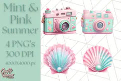 Pink and Mint Summer Clipart PNG Beach Icons, Summer Fun Png Product Image 1