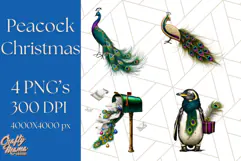 Peacock Christmas Clipart in Jewel Tones, Christmas Png Product Image 1