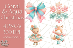 Coral and Aqua Christmas Clipart PNG, Pastel Holiday Art Product Image 1