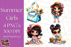Chibi Summer Girls Clipart PNG, Bright Kawaii Summer Art Product Image 1