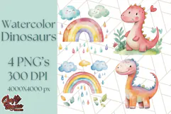 Watercolor Dinosaur and Rainbow PNG Clipart, Baby Nursery Product Image 1