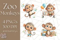 Zoo Monkeys Clipart, Cute Cartoon Jungle Monkeys PNG Product Image 1