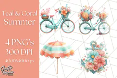 Coral and Aqua Summer Clipart PNG Pastel Tropical Icons Product Image 1