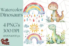 Watercolor Dinosaur and Rainbow PNG Clipart, Baby Nursery Product Image 1