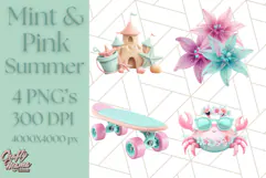 Pink and Mint Summer Clipart PNG Beach Icons, Summer Fun Png Product Image 1