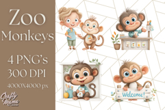 Zoo Monkeys Clipart, Cute Cartoon Jungle Monkeys PNG Product Image 1