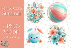 Coral and Aqua Summer Clipart PNG Pastel Tropical Icons Product Image 1
