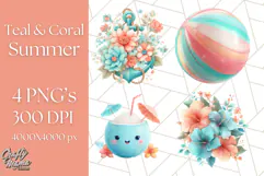 Coral and Aqua Summer Clipart PNG Pastel Tropical Icons Product Image 1
