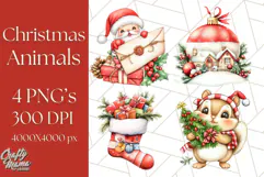 Vintage Christmas Clipart PNG, Cute Animals Holiday Elements Product Image 1