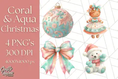 Coral and Aqua Christmas Clipart PNG, Pastel Holiday Art Product Image 1