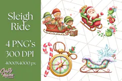 Santa Sleigh Ride Clipart PNG, Flying Reindeer Christmas Art Product Image 1