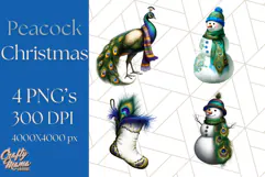 Peacock Christmas Clipart in Jewel Tones, Christmas Png Product Image 1