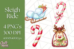 Santa Sleigh Ride Clipart PNG, Flying Reindeer Christmas Art Product Image 1