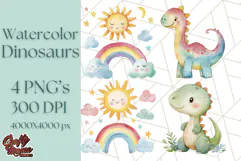 Watercolor Dinosaur and Rainbow PNG Clipart, Baby Nursery Product Image 1