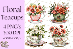 Vintage Floral Teacup Clipart PNG, Blooming Teacups Clip Art Product Image 1