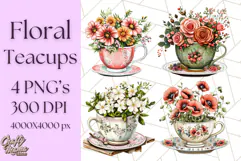 Vintage Floral Teacup Clipart PNG, Blooming Teacups Clip Art Product Image 1