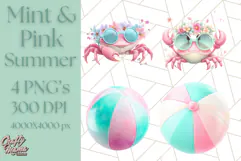Pink and Mint Summer Clipart PNG Beach Icons, Summer Fun Png Product Image 1