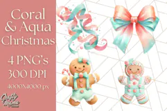 Coral and Aqua Christmas Clipart PNG, Pastel Holiday Art Product Image 1