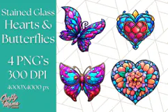 Stained Glass Hearts and Butterflies Clipart PNG Product Image 1