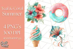 Coral and Aqua Summer Clipart PNG Pastel Tropical Icons Product Image 1