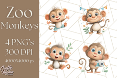 Zoo Monkeys Clipart, Cute Cartoon Jungle Monkeys PNG Product Image 1